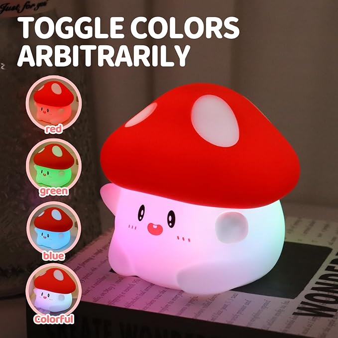 Rytinazzz Mushroom Night Light, Color Changing & 50-Hour Battery, Squishy Lamp with Pat Control for Kids Room Decor, USB Rechargeable, Valentines Gifts