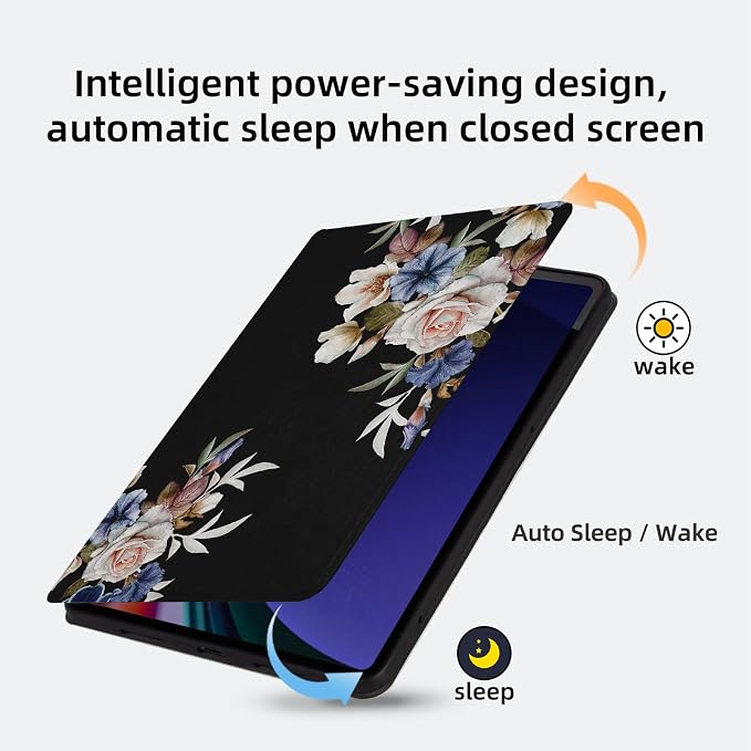 Case for Galaxy Tab S9 11-inch Shockproof Protective Cover Folding Stand Case for Samsung Galaxy Tab S9 FE Tablet [SM-X710/SM-X716B/SM-X718U/X510/SM-X516 2023 Release] -Black Flowers
