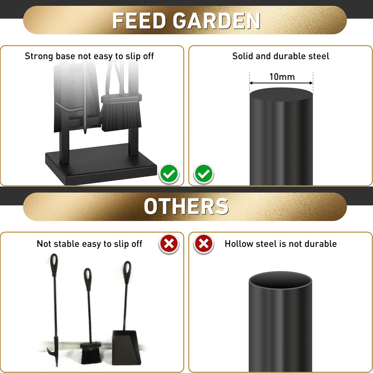 FEED GARDEN 5-Piece Fireplace Tool Set, 30" One-Piece Stand, Wrought Iron