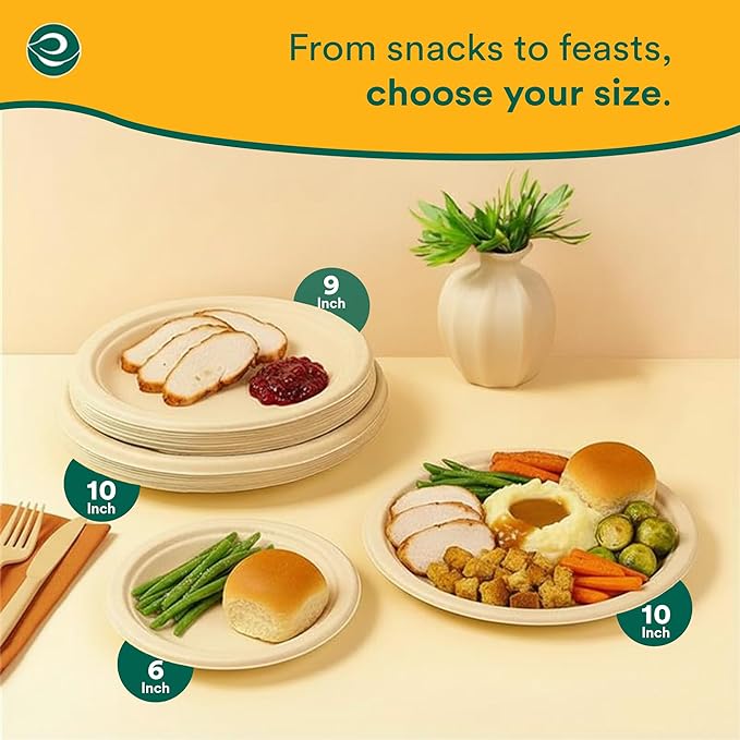 ECO SOUL Compostable 9 Inch(1000-Pack) Biodegradable Heavy-Duty Disposable Eco-Friendly Paper Plates for Dinner & Parties, Wedding, Event