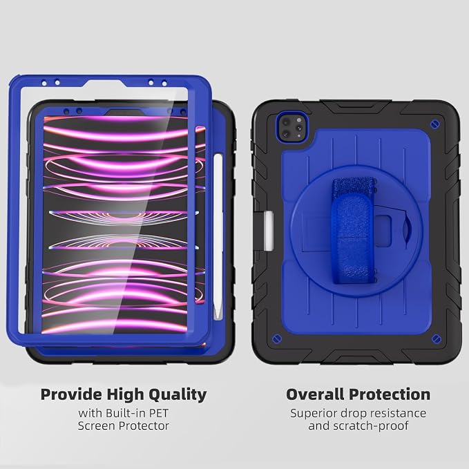iPad Pro 11 inch Case with Rotating Stand &amp Shoulder Strap Heavy Duty Shockproof Cover with Pencil Holder for iPad Pro 11-inch 4th/3rd/2nd/1st Gen (Black)