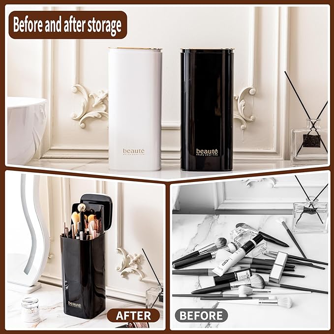 Makeup Brush Holder Organizer, One Touch for Open, Dustproof Make Up Organizer with Lid for Vanity Bathroom Countertop,Black