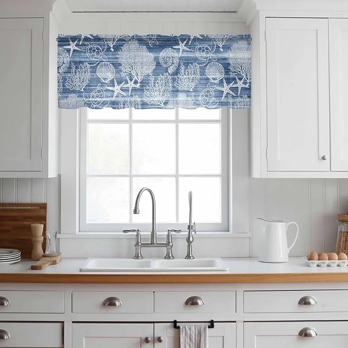 Navy Blue Retro Summer Sheer Valance Curtains, Sea Turtle Starfish Coral Ocean