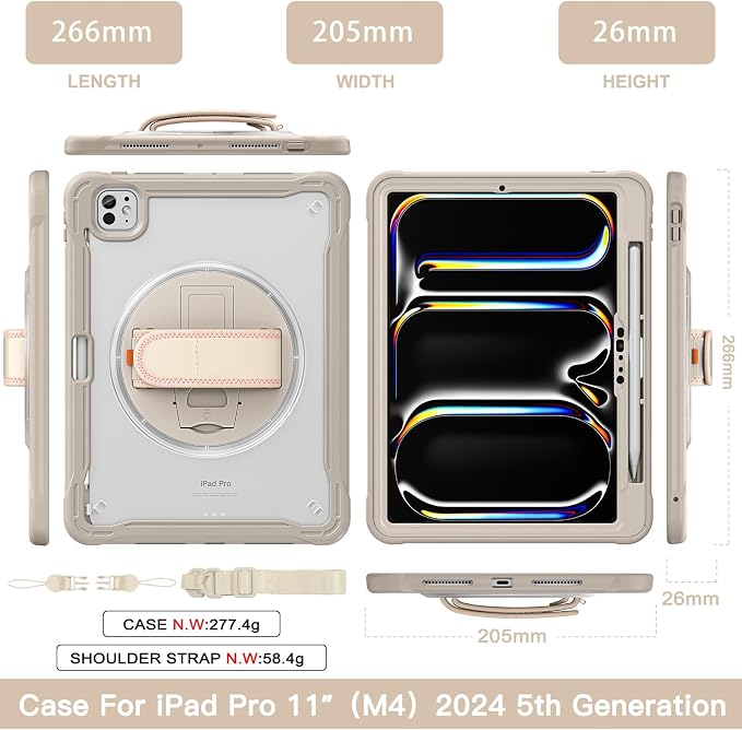 ZenRich Clear Case for iPad Pro 11-inch M5 2025 / M4 2024 LightBlue | Screen Protector Pencil Holder 360°Rotating Kickstand Carrying Strap Shockproof Protective Rugged