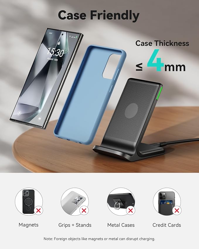 INIU Wireless Charger 15W Fast Wireless Charging Phone Station with LED | Sleep-Friendly Adaptive Light Exclusive Temp°Guard Wireless Charging Station for iPhone 17 16 Pro Max Samsung S25 S24 etc