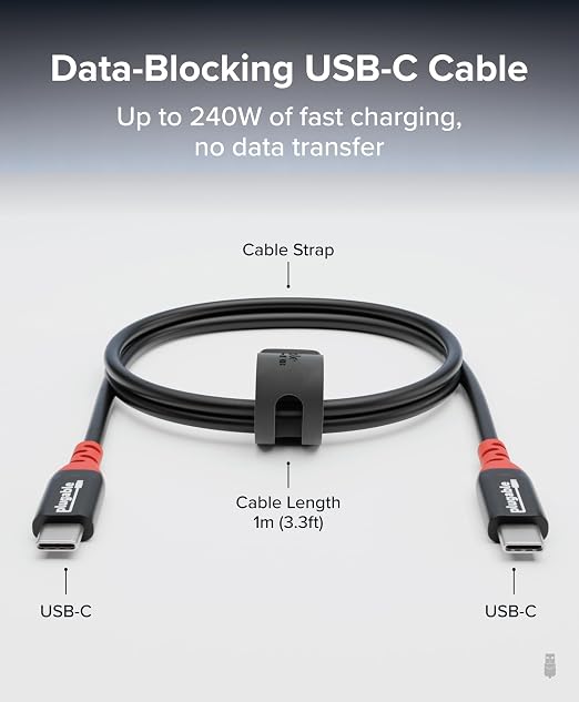 Plugable USB C to USB C Cable Data Blocker Charge Only Cable (1m/3.3ft): 240W Safe Fast Charging for MacBook iPhone 15/16 Galaxy S24 Steam Deck and More USBC Devices (USBC-CC1M)