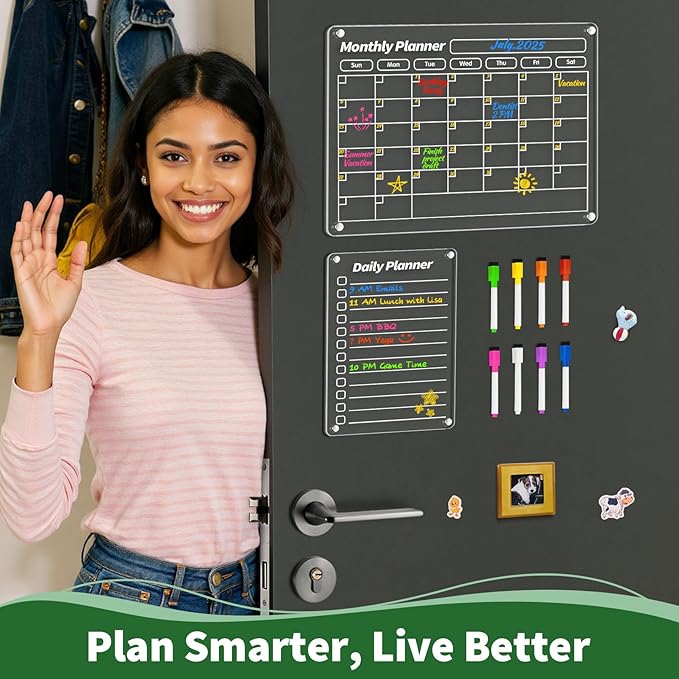FINDMAG Acrylic Magnetic Dry Erase Board Calendar for Refrigerator, Magnetic Whiteboard for Fridge, 16"x12" Monthly Magnet Calendar for Refrigerator with 8 Colorful Highlight Markers