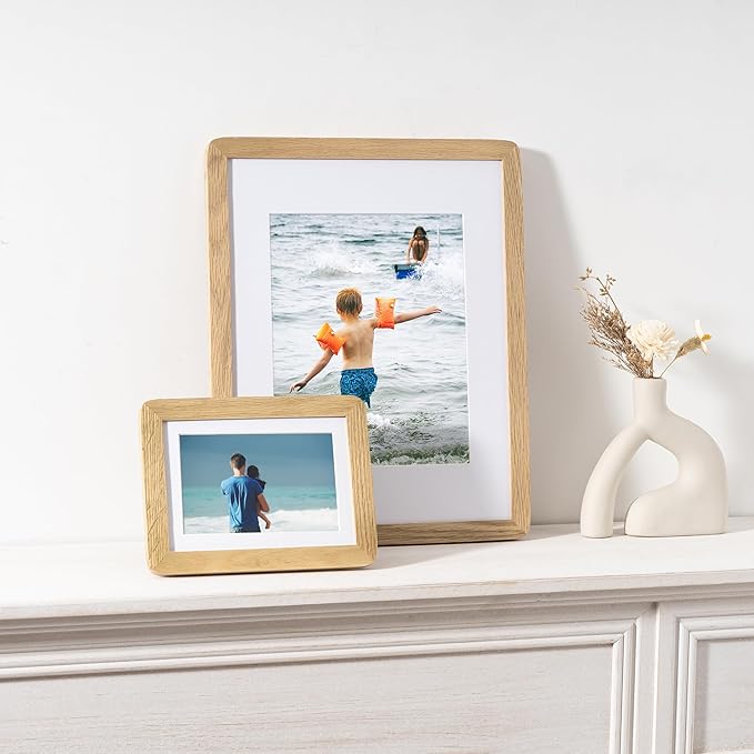 8x10 Picture Frame - Solid Oak Wood 8 x 10 Photo Frame, 8''x10'' Frame With Mat For 5x7, Tabletop and Wall Display, Hanging Hardware Included, 8 By 10 Picture Frame Wood, Natural Oak