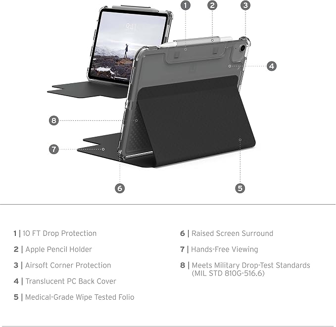 [U] by UAG Designed for iPad Air 10.9 inch Case (5th Gen 2022) Black Lucent Lightweight Ultra-Slim Shockproof Smart Folio Protective Cover with Auto/Sleep Wake &amp Pencil Holder