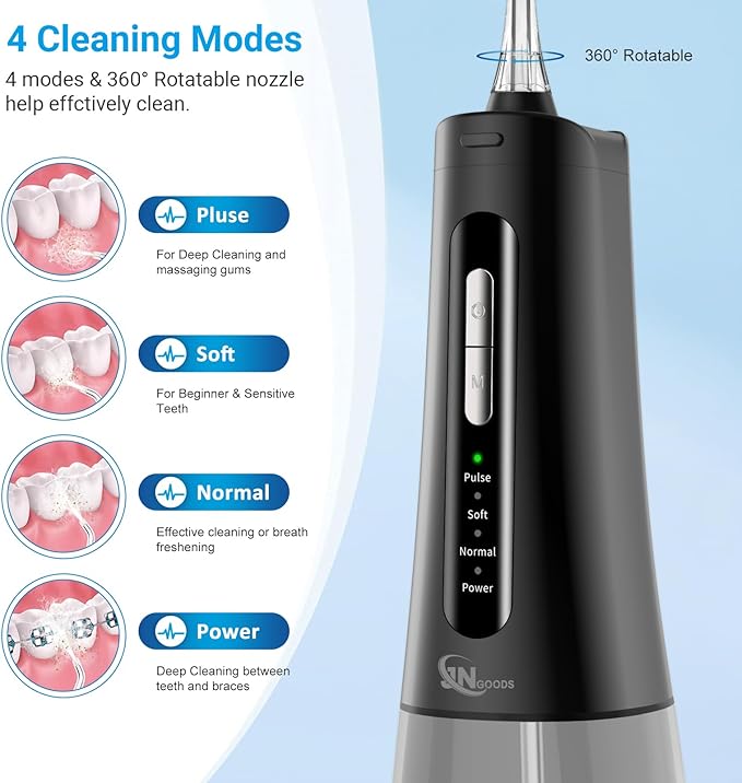 JNGOODS Cordless Water Dental Flosser Oral irrigator,JNGOODS 300ml Rechargeable Water flosser for Teeth IPX7 Waterproof 4 Modes Portable Oral Irrigator with 4 Jet Tips, Travel Home use (Black)