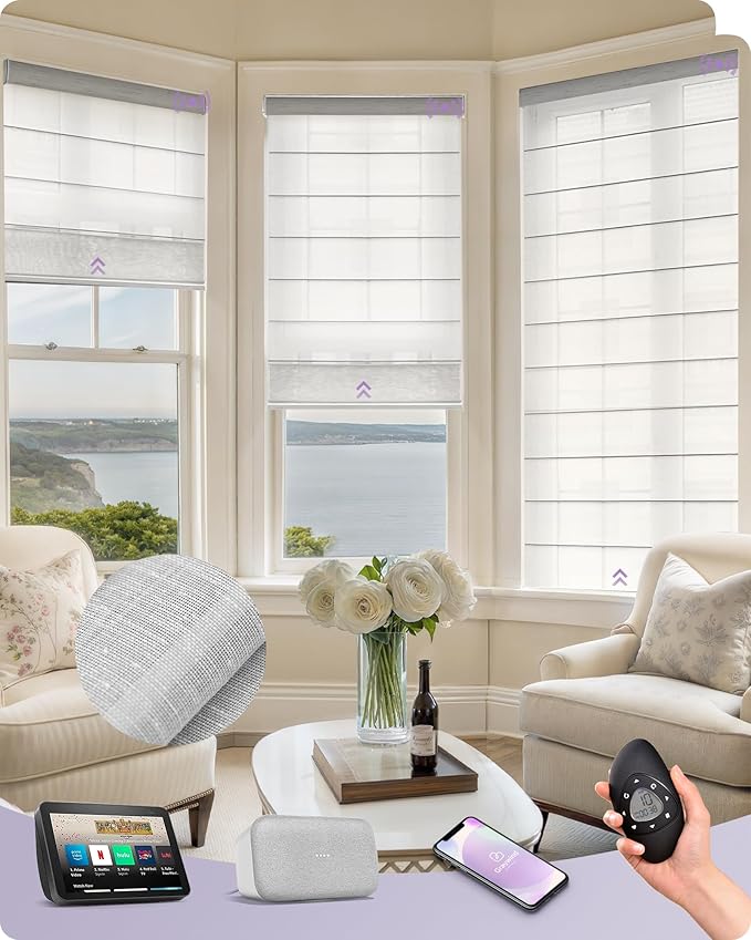 Graywind Smart Roman Shades 20% Blackout Compatible with Alexa Google Rechargeable Motorized Window Blinds Remote Control View Visible Plain Fold, Custom Size (Semi-Sheer Grey)