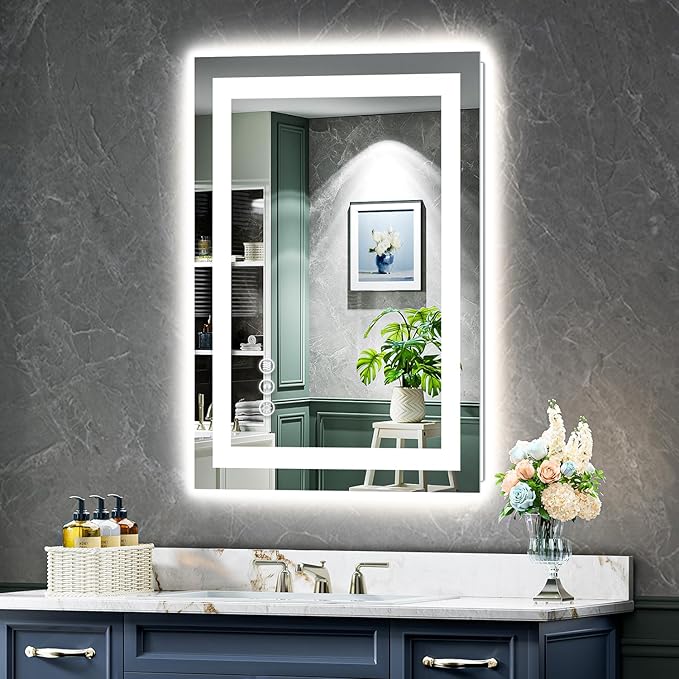 YEELAIT 20x30 Inch LED Bathroom Mirror with Lights Front and Backlit Lighted Vanity Mirror for Bathroom Wall with 3 Colors Dimmable Anti-Fog Memory Shatter-Proof IP54 Waterproof Horizontal/Vertical