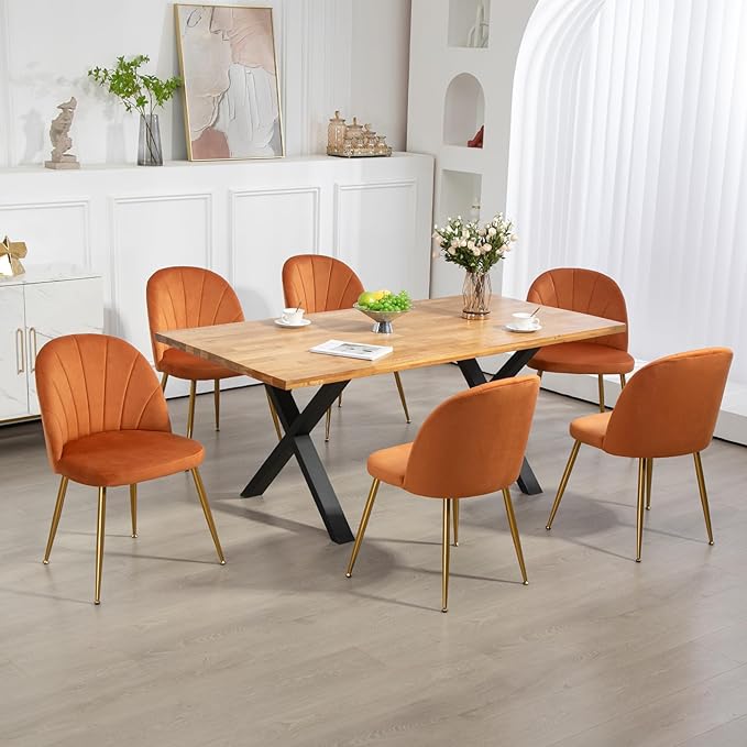 Velvet Dining Chairs Set of 6, Upholstered Mid Century Modern Dining Chairs, Armless Accent Chair with Metal Gold Legs for Living Room, Kitchen, Dining Room, Orange