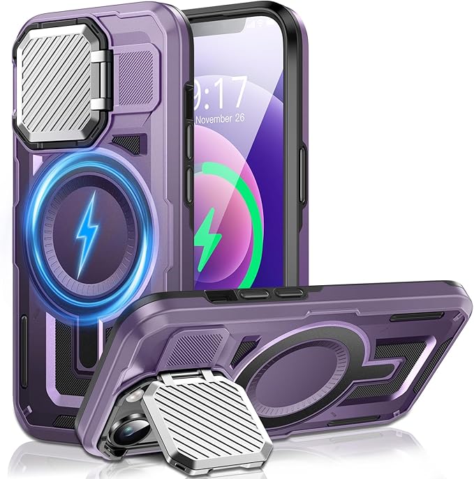 Camera Stand Case for iPhone 12/12 Pro, [Compatible with Mag Safe] [Lens Cover] 2024 Version Military Grade Protective Soft Case for iPhone 12/12 Pro 6.1 inch Men Women, Purple