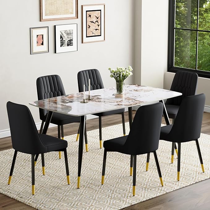 7 Piece Dining Table Set, Dinner Table Set for 6, Sintered Stone Kitchen Table Top and Modern Chairs Set of 6 for Kitchen Dining Room