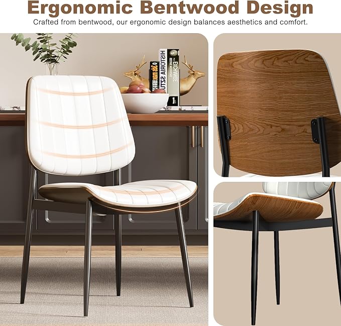 Modern Green Leather Dining Chair Set of 2, Bentwood Backrest & Black Metal Frame Ergonomic Comfort, Sustainable Style, Multi-Space Versatile, Beige