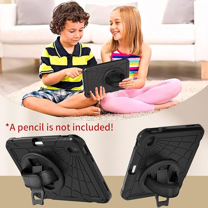 for iPad (A16) 11th/10th Generation Case 2025/2022 (11″/10.9″) Sturdy Heavy Duty Full-Body Shockproof Protective Case Rotating Stand Hand/Shoulder Strap (Black)