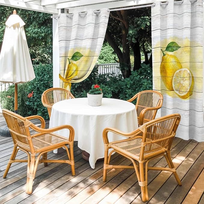 Lemons Yellow Summer Fruit Vintage Wood Outdoor Curtains
