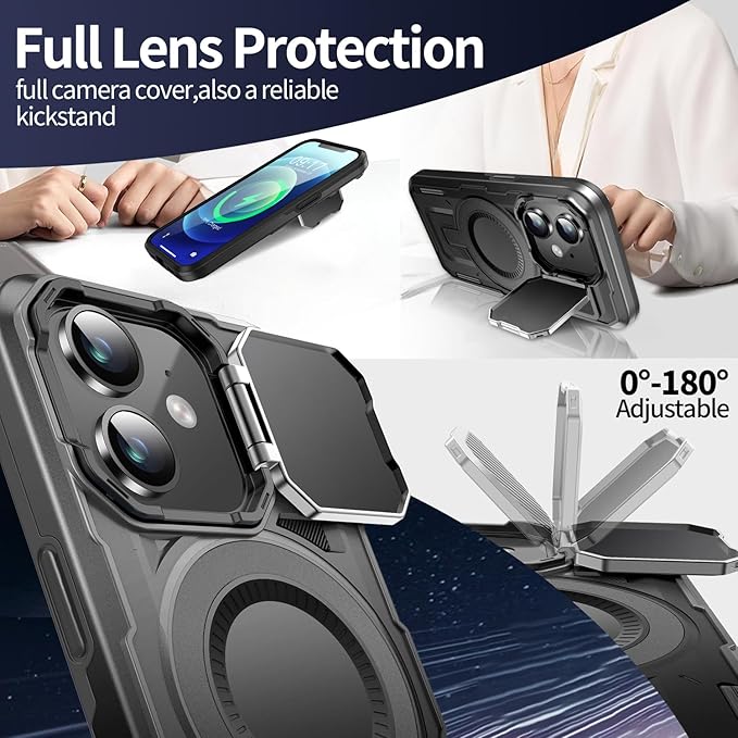 Camera Stand Case for iPhone 12/12 Pro, [Compatible with MagSafe] [Lens Cover] 2024 Version Military Grade Protective Soft Case for iPhone 12/12 Pro 6.1 inch Men Women, Black