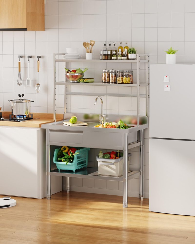 JFHID Stainless Steel Utility Sink with Shelves, Free Standing Single Bowl Commercial Kitchen Sinks with Drawer & Water Pipes, Stainless Steel Prep Table Countertop Workbench for Home Restaurant