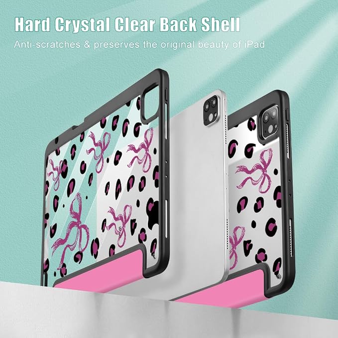 Mektron Case for iPad Pro 11 inch Case M2 2022 Generation 4th Fit 2021 2020 2018 iPad Pro 11 (3rd 2nd &amp 1st Gen) -Buit in Pencil Holder with Shockproof Cover Clear Shell Blue Bows &amp Flower