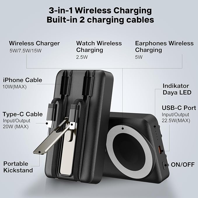 Wireless Portable Charger, 3-in-1 Magnetic Power Bank 10000mAh with USB-C/iOS Cable and Stand, 22.5W Fast Charging Battery Pack, Compatible with iPhone 16/15/14/13/12/Pro/Mini/Pro Max