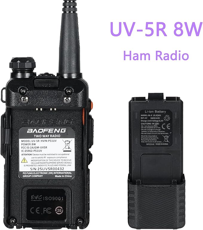 Baofeng UV-5R Dual Band Two Way Radio Handheld Ham Radio Long Range Walkie Talkies Pack of 6 for Hiking Camping Hunting Skiing Trip(Black) with 8W 3800mAh Battery