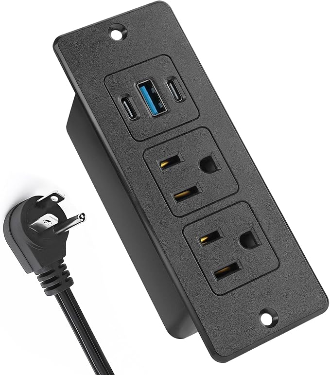 Recessed Power Strip USB, 20W Fast Charging Furniture Outlet - 2 AC & 3 USB (2 USB-C + 1 USB-A) for Desk, Bedside, Drawer, Conference Table - Space-Saving, Easy Install, 6FT Cord, Black