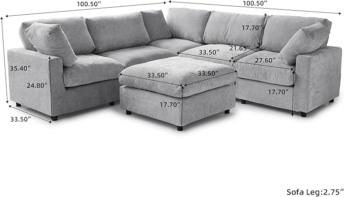 JACH V Shape Sectional Couches with Chaise Ottoman, Convertible Modular Sofa, Cloud Sectional Couch, Sofa Covers Washable, Minimalist Couch for Living Room, Apartment, Light Grey