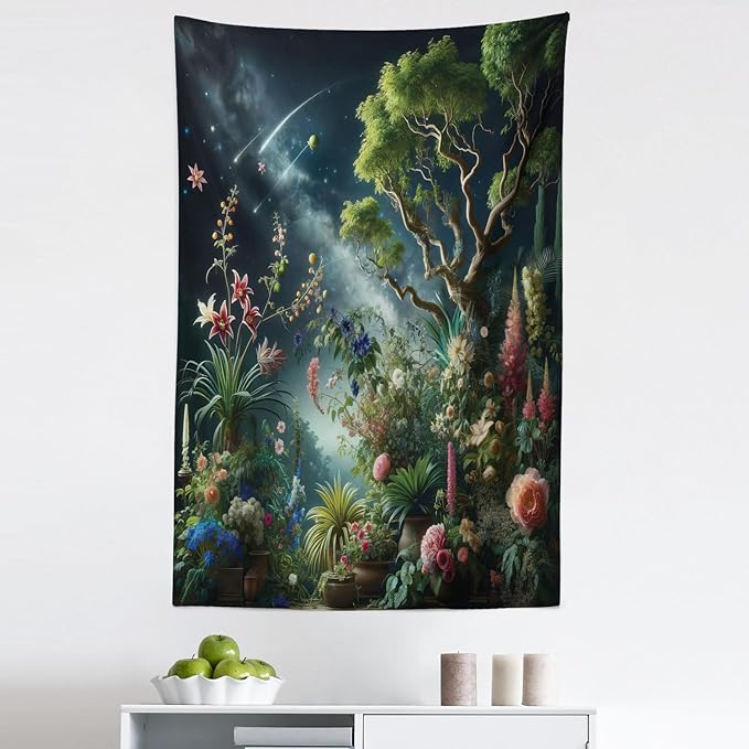 Ambesonne Aesthetic Tapestry, Exotic Forest of Twilight with Trees Bushes and Flowers Falling Stars, Fabric Wall Hanging Decor for Bedroom Living Room Dorm, 30" X 45", Green Dark Night Blue