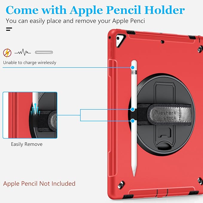Case for iPad Pro 12.9 2nd Generation 2017& 2015 1st Generation, Heavy Duty Rugged TPU Protective Cover W/Screen Protector- 360° Rotatable Stand + Handle Hand & Shoulder Strap + Pencil Holder- Red