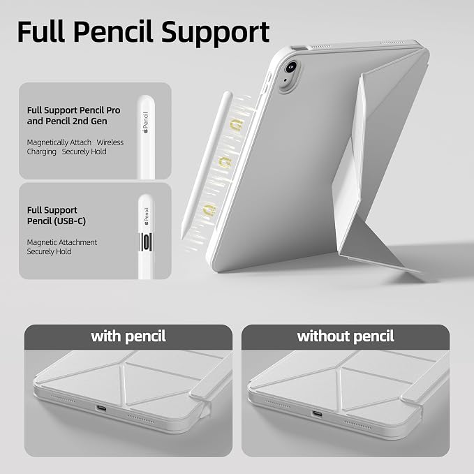 kenke Case for iPad Air 11'' M4/M3/M2 Air 10.9'' 5th/4th Gen Black | Detachable Rotating 360° Magnetic Clear Back Multi-folding Stand Cover Pencil Holder Auto Wake/Sleep Touch ID