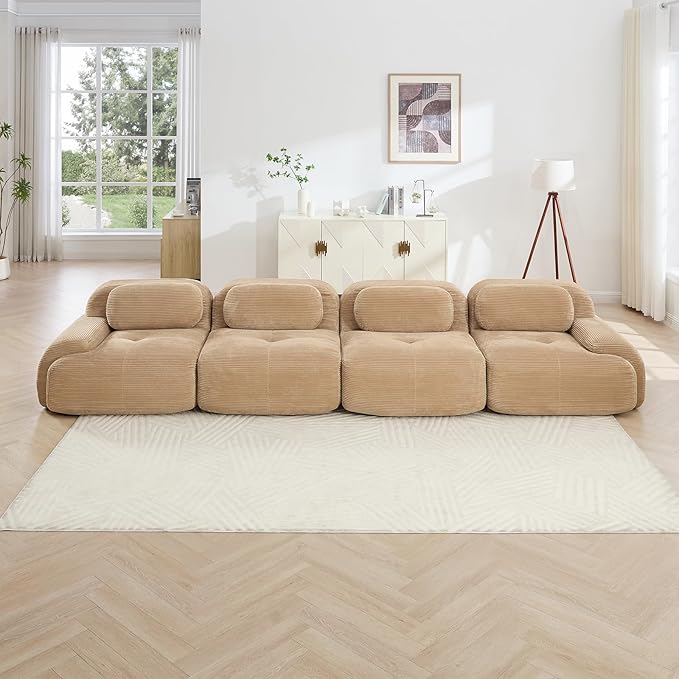 152" Modern Compressed Boneless Couch, 4 Seater Sectional Couches for Living Room, Camel Corduroy Cloud Modular Sectional Sofa, Comfy Memory Foam, Extra Deep, Sofas para Sala, No Assembly