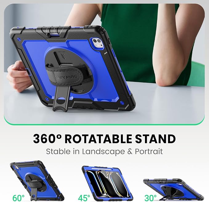 SEYMAC for iPad 9th/8th/7th Generation Case 10.2 2021-2019 Full-Body Shockproof Protective Case with Screen Protector Rotating Stand/Handle/Shoulder Strap for iPad 10.2 Blue/Black