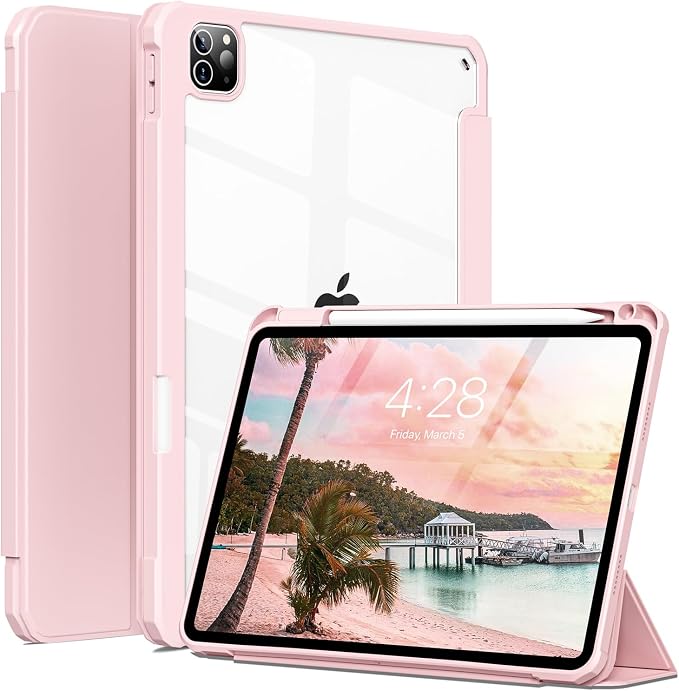 Clear Case for iPad Pro 12.9 inch 6th/5th/4th/3rd Gen 2022/2021/2020/2018 with Pencil Holder Lightweight Shockproof Trifold Stand Transparent Acrylic Back Cover Auto Wake/Sleep Black