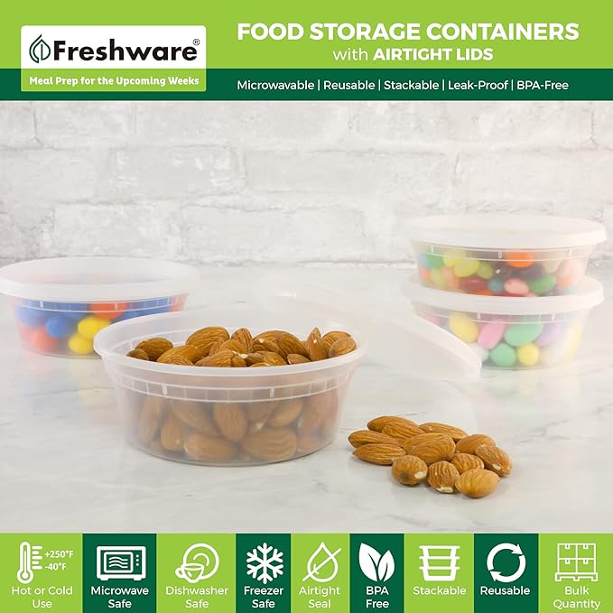 Freshware Food Storage Containers [50 Set] 8 oz Plastic Deli Containers with Lids, Slime, Soup, Meal Prep Containers, BPA Free, Stackable, Leakproof, Microwave, Dishwasher and Freezer Safe