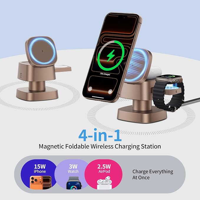 4 in 1 Magnetic Wireless Charging Station15W Fast Charging with Night Light for MagSafe Charger Stand3 in 1 Wireless Charger for iPhone 17/16/15/14/13 Pro MaxApple Watch &amp AirPodsSand Gold