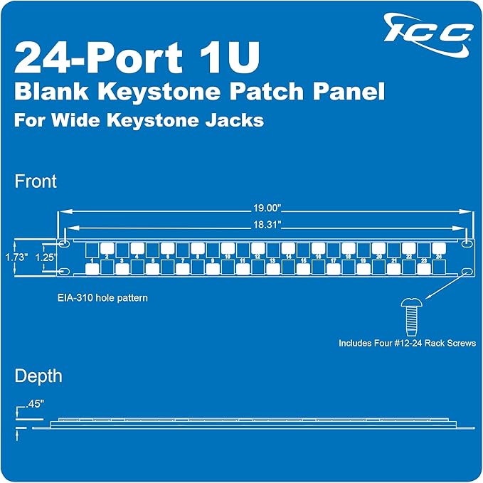 ICC 24 Port Blank Keystone 1U Patch Panel with 19” Metal Rackmount Housing, Staggered Ports to Reduce ANEXT, Works with Wide and Slim Profile Keystone Jacks (Sold Separately), UL Listed, IC107BE241