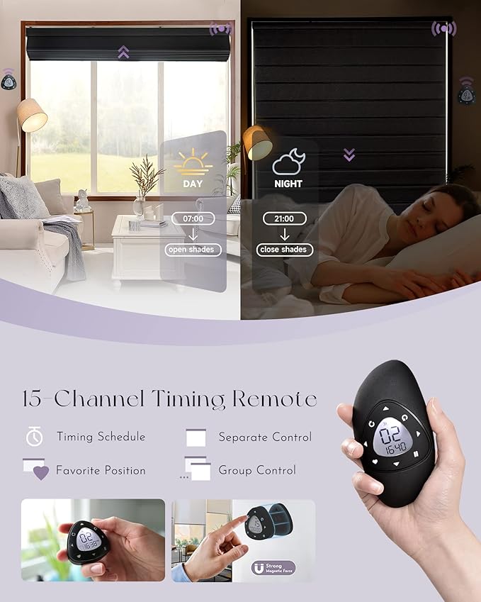 Graywind Smart Roman Shades Compatible with Alexa Google Rechargeable Motorized Blinds with Remote Blackout Roman Window Shades Plain Fold Soft for Doors Bedroom, Custom Size (Flowline Midnight)