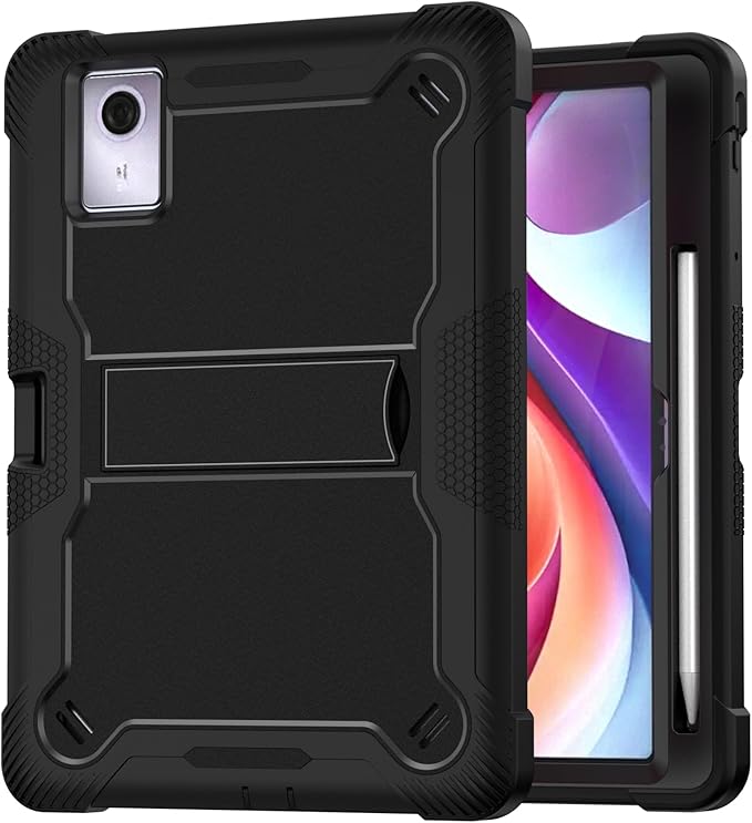 for Lenovo Idea Tab 11 Case 2025/K11 Gen2/Moto Pad 60 Neo 11 Inch 3-in-1 Shockproof Cover w/Pen Holder Soft Silicone &amp Hard PC Horizontal Foldable Stand Screenless Front No Stylus (Black)