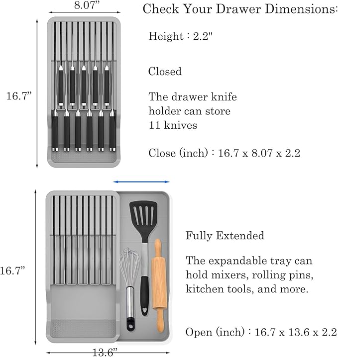 Mulikeer Expandable Drawer Knife Insert Organizer - Plastic Knife Storage Tray for Kitchen Drawers, Adjustable to Fit 11 Knives & Utensils, BPA-Free, Ventilated, Space-Saving, Easy to Clean