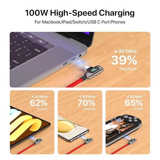 SOOPII 100W Right Angle USB C to USB C Cable2-Pack 1FT Zinc Alloy Case Nylon Braided Type-C Cable with LED Display for lPad Mini/Air/ProMacBook ProSamsung S23/S22/S10PixelLG(0.3mBlack)