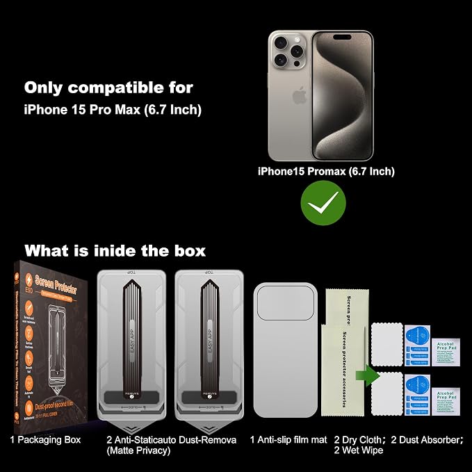 [2-Pack Matte Tempered Glass Screen Protector for iPhone 15 Pro Max Anti-Fingerprint &amp Oil Resistant Smooth as Silk 9H Hardness Bubble-Free Case Friendly 6.7-Inch