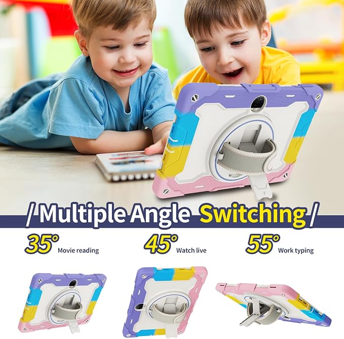 Tablet Case for Honor Pad 9 12.1 Kids Rainbow Heavy Duty Silicone Shockproof Case with Pencil Holder Shoulder Strap Rotating Fold Kickstand Hand Strap