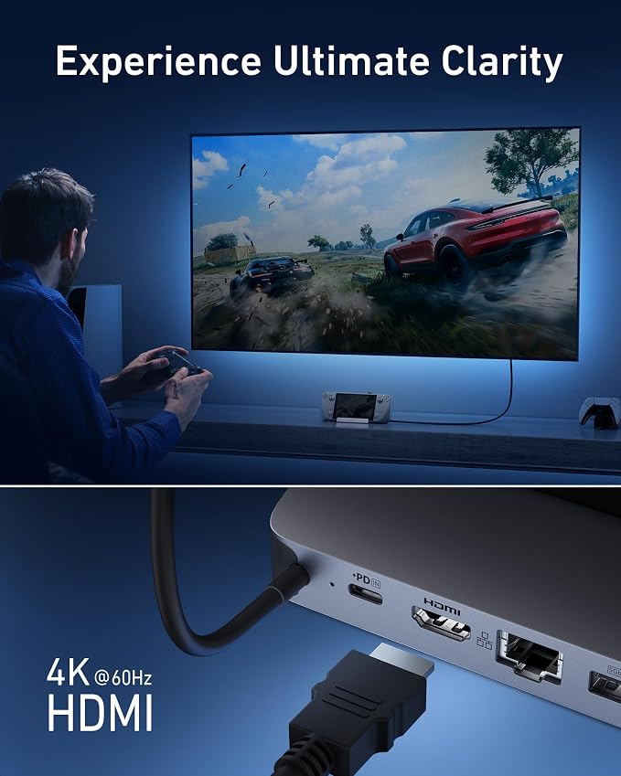 Anker Docking Station for Steam Deck/ROG Ally 6-in-1 Steam Deck Dock USB C Hub with HDMI 4K@60Hz 1Gbps Ethernet &amp Mac Book Pro Charger 100W USB C Charger Anker Compact and Foldable Fast Charg
