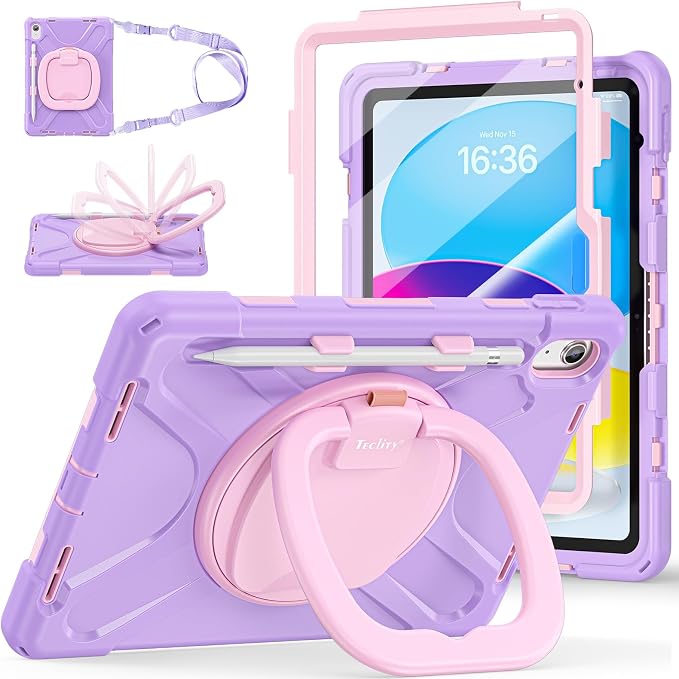 Case for iPad (A16) 11th/10th Generation - 2025/2022 (11″/10.9″) | 4 Layers Drop Protection iPad Case with Screen Protector 360° Rotating Stand Shoulder Strap Pencil Holder Black