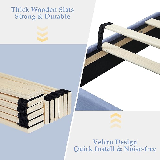 VECELO Full Size Bed Frame with Adjustable Headboard, Upholstered Button Tufted Platform Bedframe with Wood Slats Support, No Box Spring Needed, Light Blue