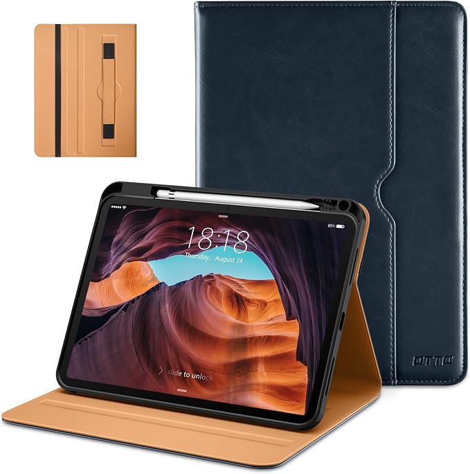 DTTO for iPad (A16) 11th Generation 11-inch &amp 10th Gen Case Brown | Premium Leather Business Cover with Pencil Holder Hand Strap &amp Pocket Corner Protection Auto Sleep/Wake for Work &amp