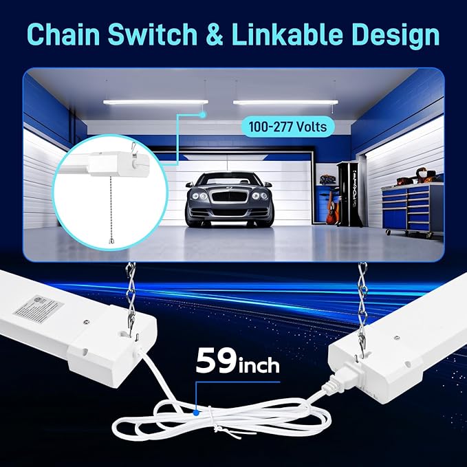 hykolity 4 Pack 4FT LED Shop Light, Linkable Utility Shop Lights, 42W, 5000K Daylight White Shop Light for Garages, Workshops,Hanging or FlushMount, Power Cord with Pull Chain Switch, ETL