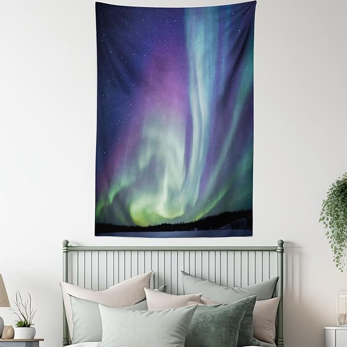 Ambesonne Aurora Borealis Tapestry, Exquisite Atmosphere Solar Starry Sky Calming Night Image, Wall Hanging for Bedroom Living Room Dorm Decor, 40" X 60", Dark Blue Mint Green